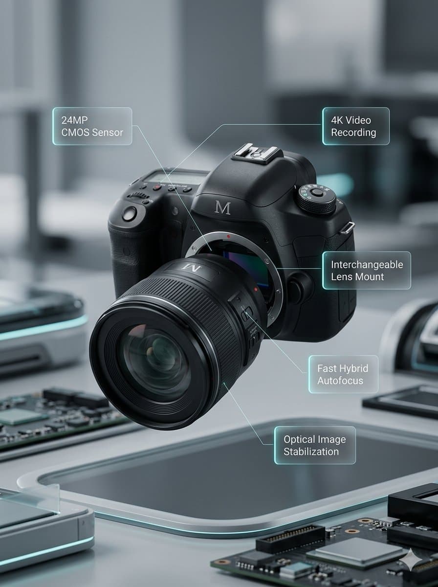 E-ticaret Ana Görseli - Parçalarına Ayrılmış ve Birleştirilmiş DSLR Kamera Görselleştirmesi