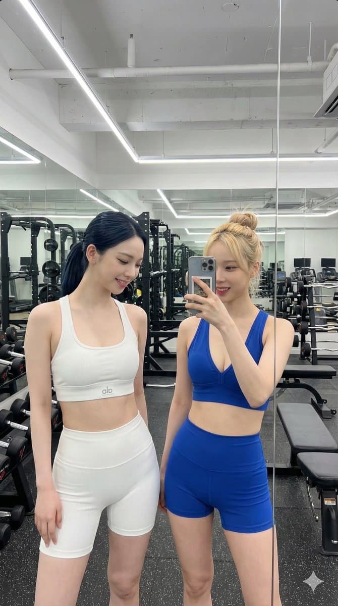 Karina und Winter von aespa, Selfie im Fitnessstudio-Spiegel