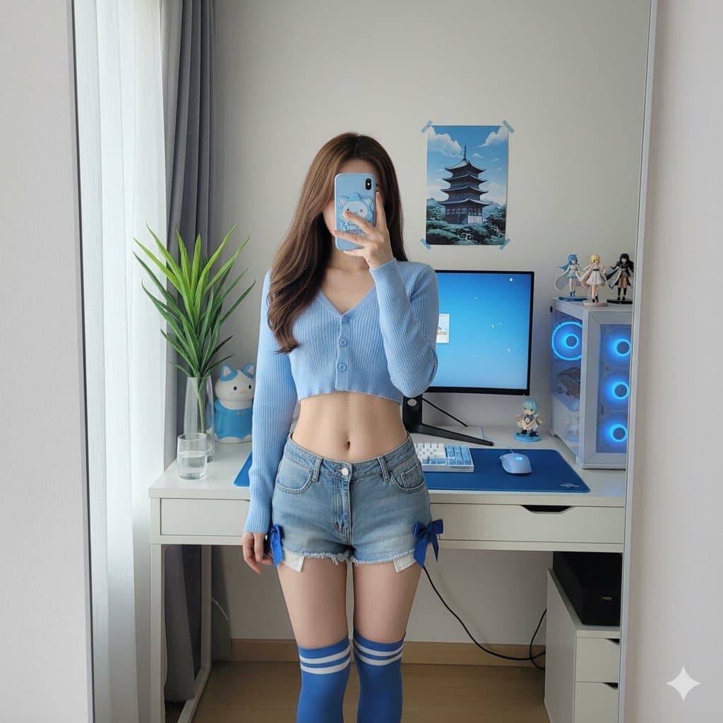 Scène Détaillée de Selfie Miroir dans une Chambre Otaku