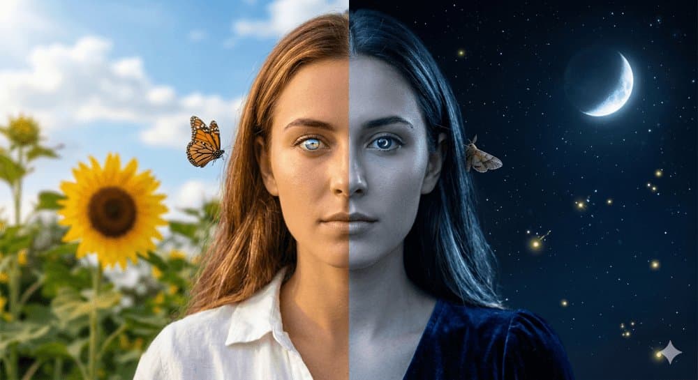 Profile / Avatar - Day and Night Split Portrait Prompt for Nano Banana Pro