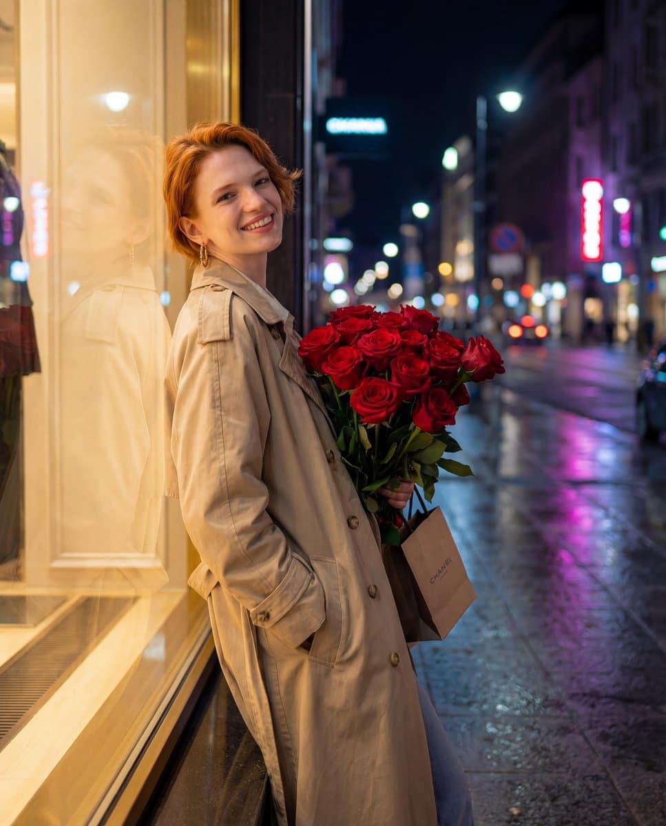 Style Rue Nocturne avec Roses Rouges