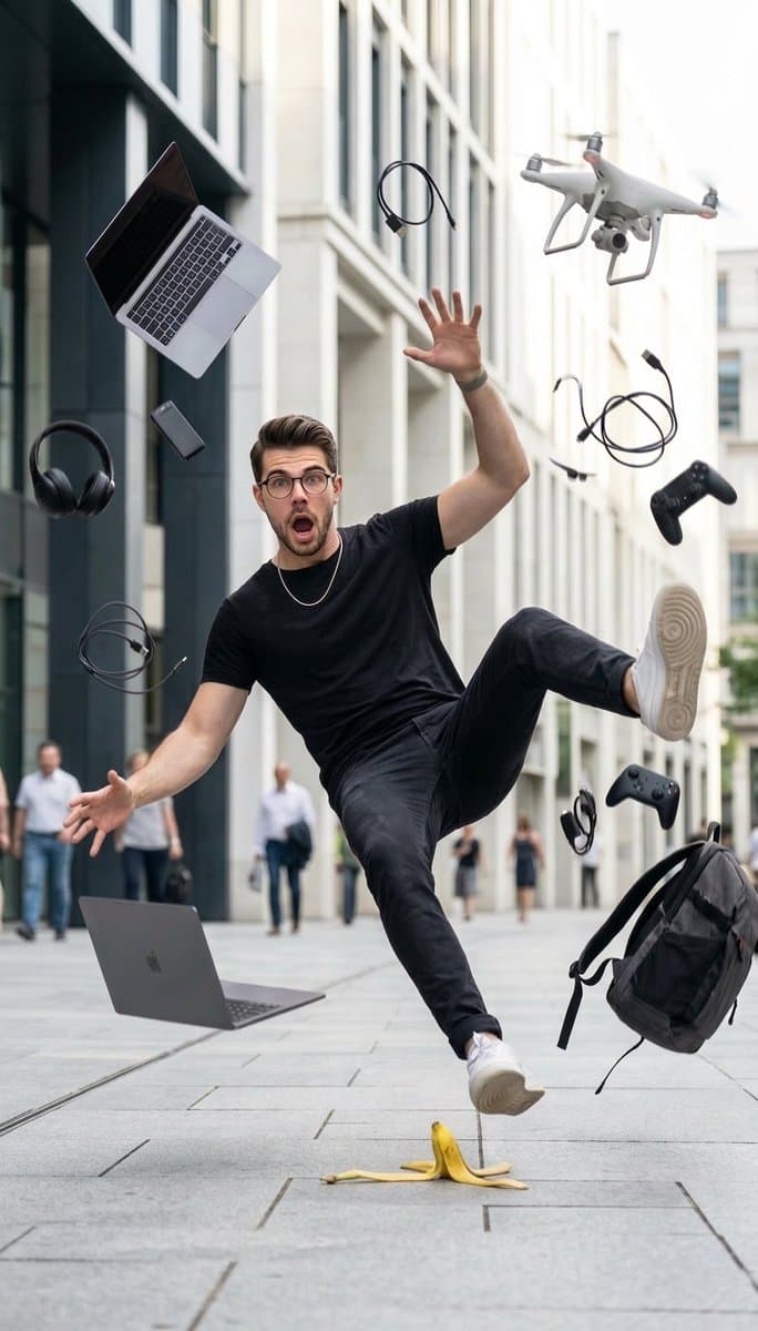 YouTube-Thumbnail - Kinematische Straßenfotografie eines auf einer Bananenschale ausrutschenden Mannes