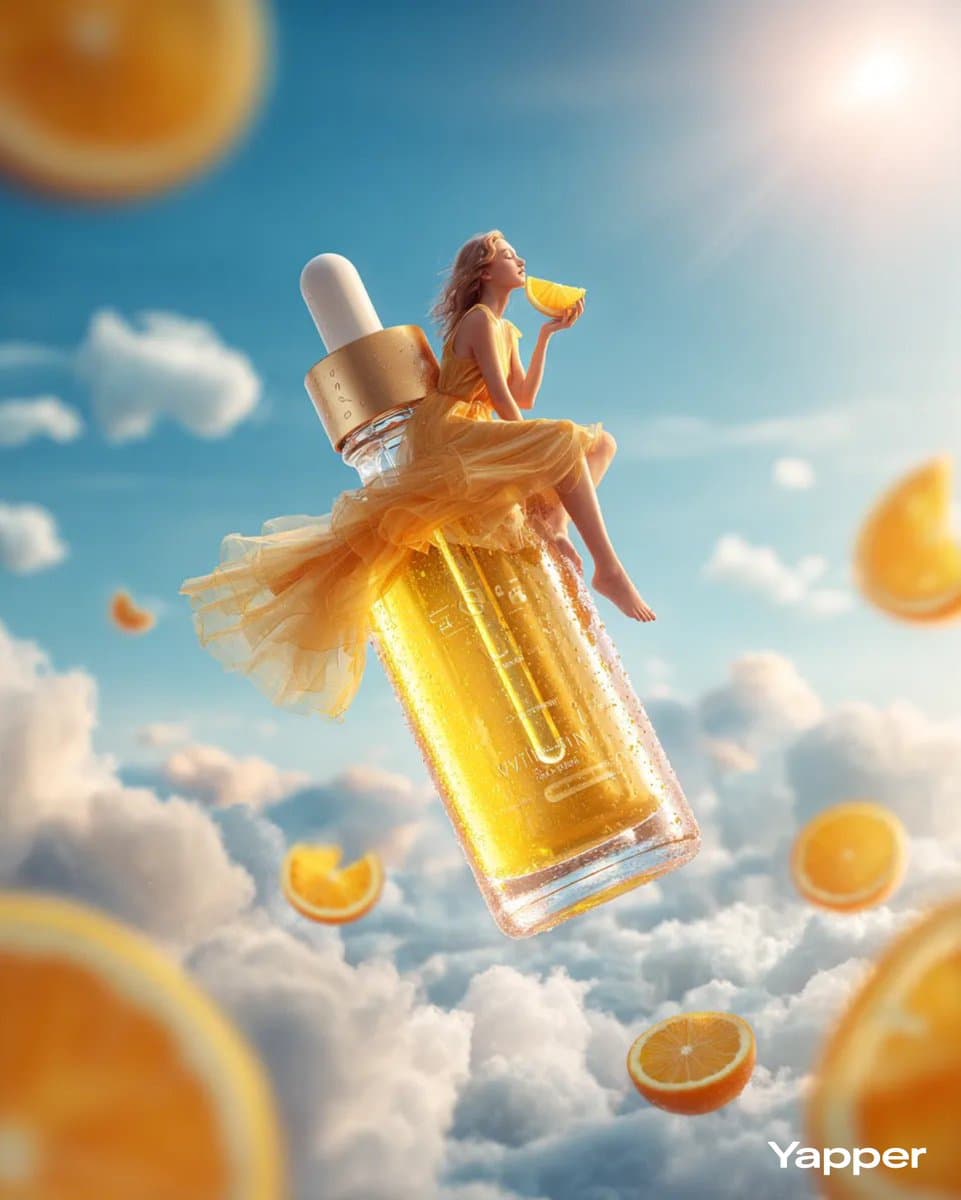 Publicité Surréaliste pour Sérum Vitamine C : Flacon Géant