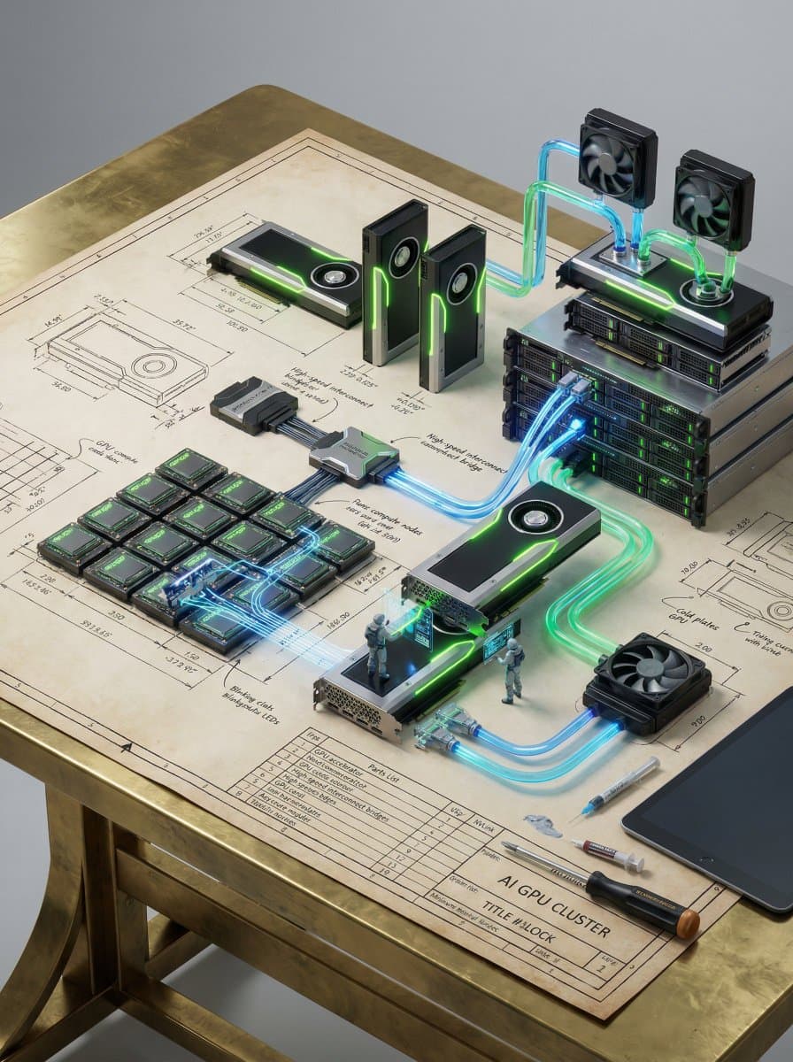 Infografik / Lehrvisual - Technischer Bauplan eines KI-GPU-Clusters