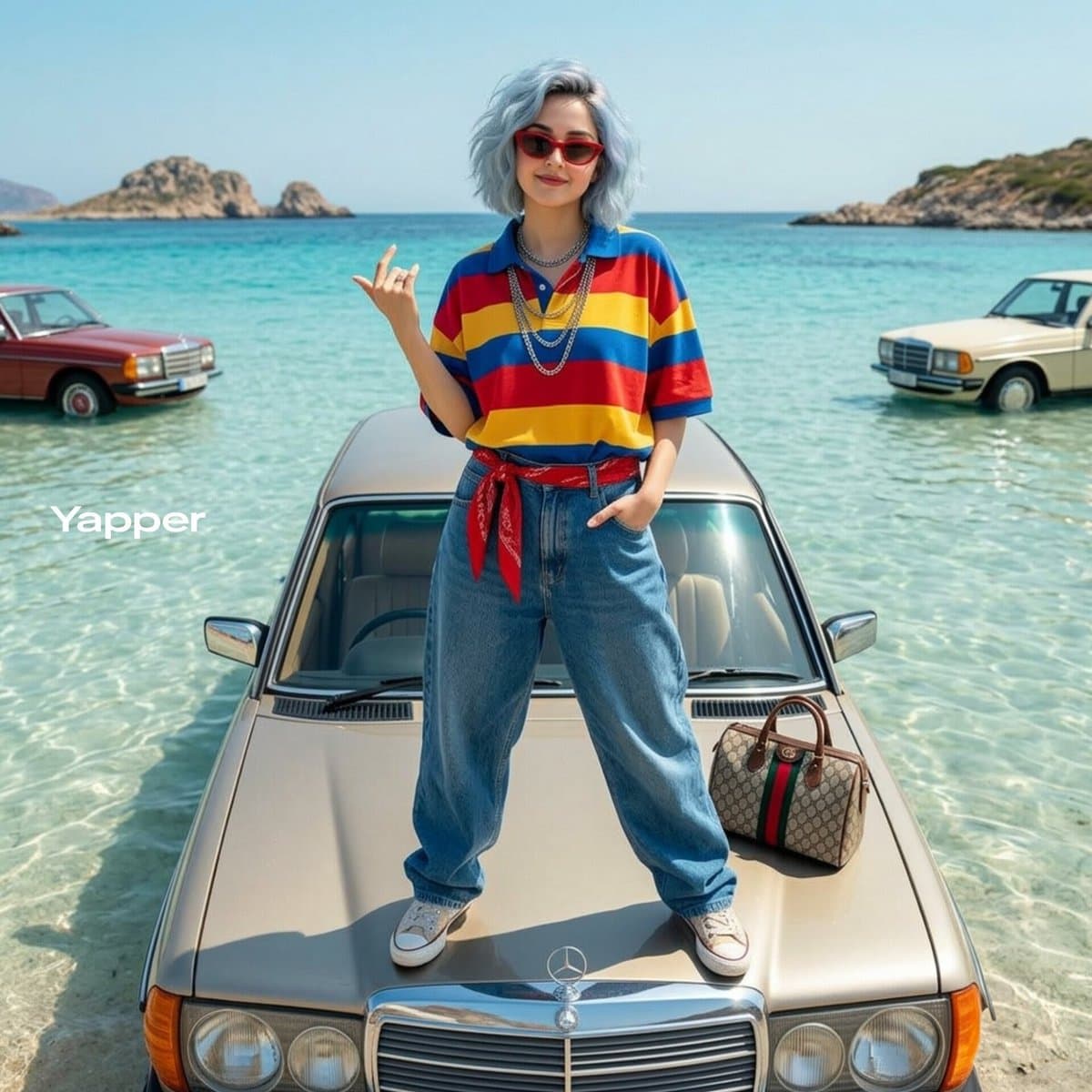 Elegante Frau im Oldtimer am Ozean