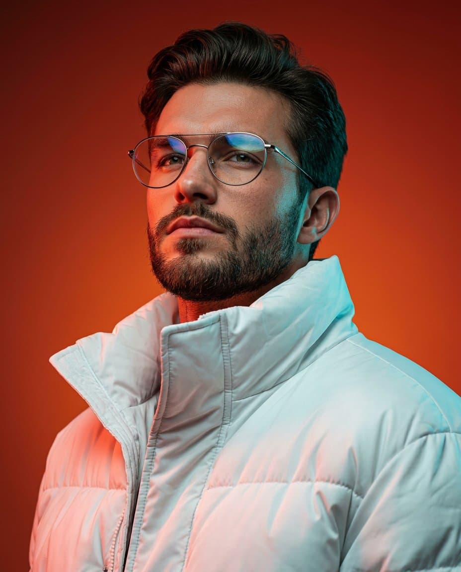 Kinematisches Porträt eines Mannes in futuristischer Steppjacke
