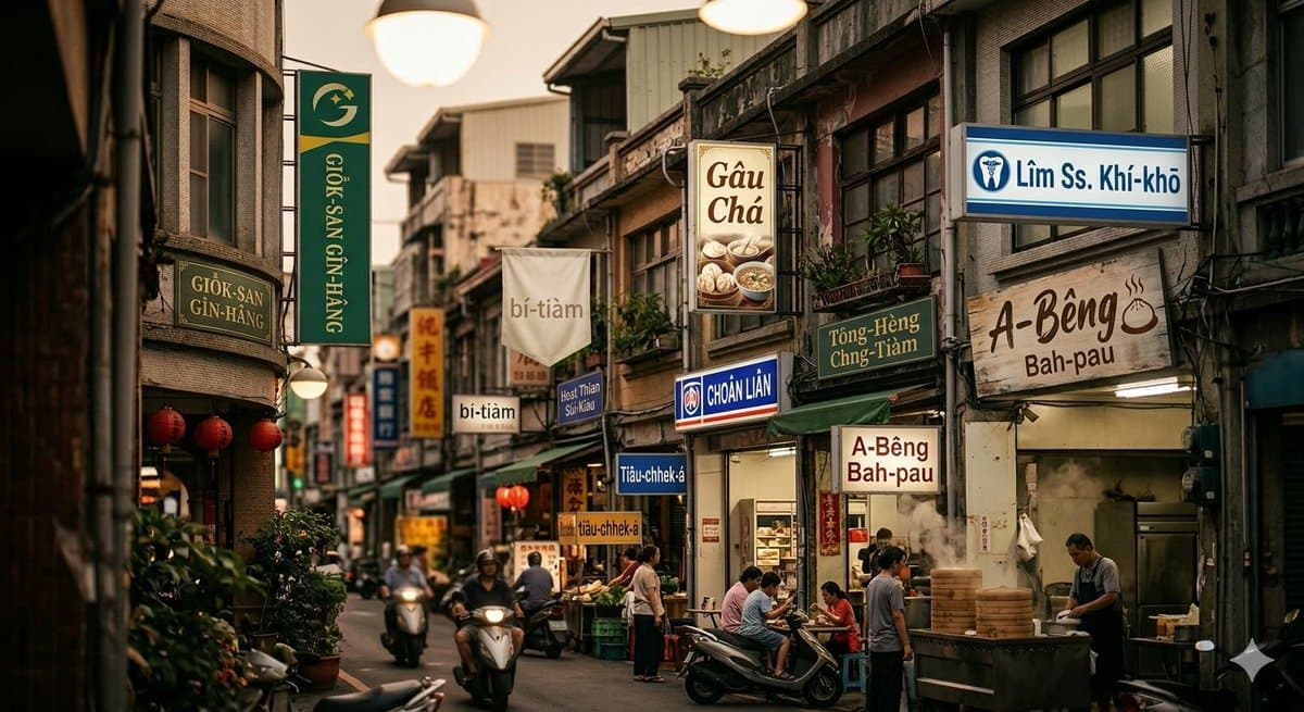 Taiwanesische Straßenszene mit lateinischer Beschriftung