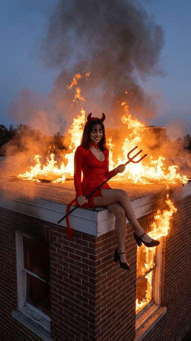 Dämonenfrau auf brennendem Dach in der Dämmerung