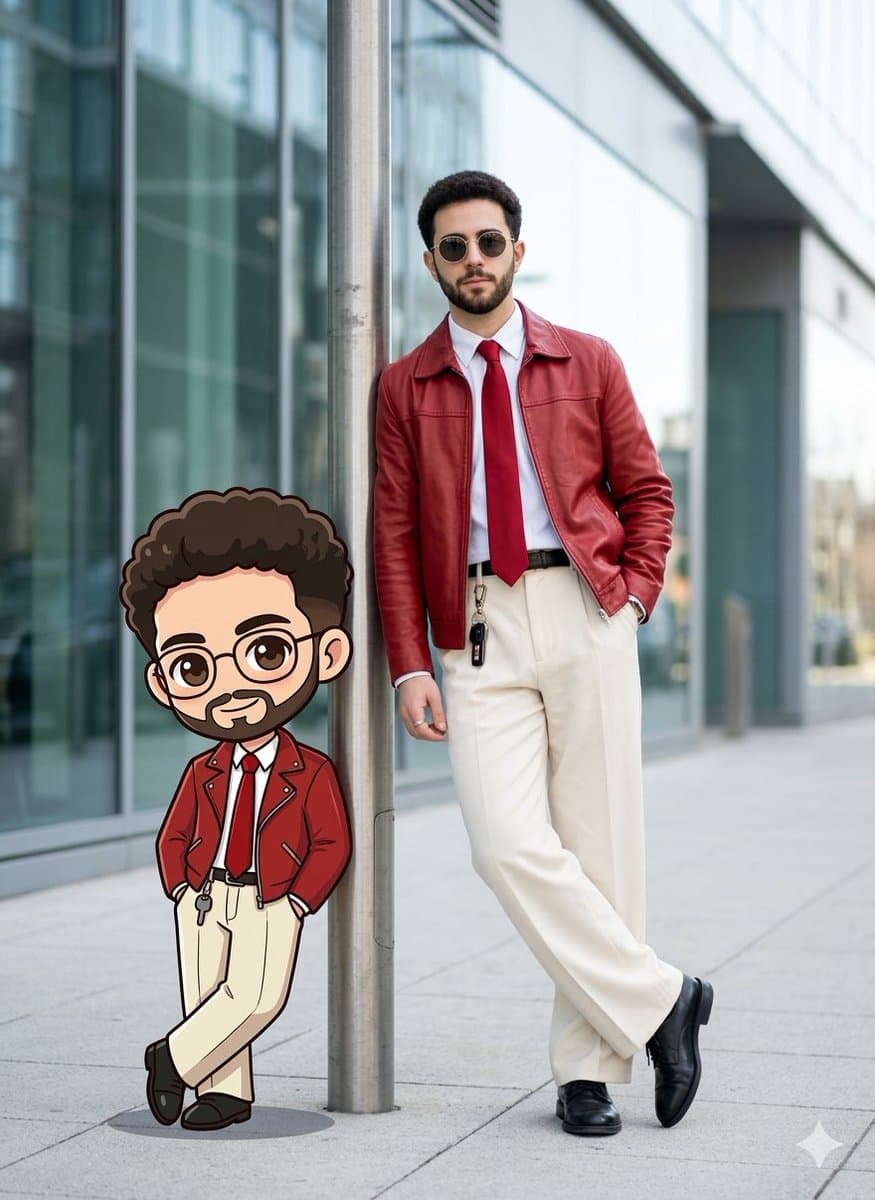Homme Élégant et son Double Cartoon sur un Trottoir Urbain