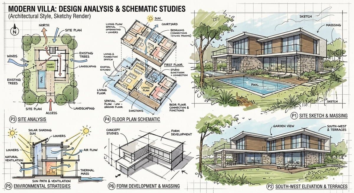 Skizzenanalyse-Renderings einer modernen Villa