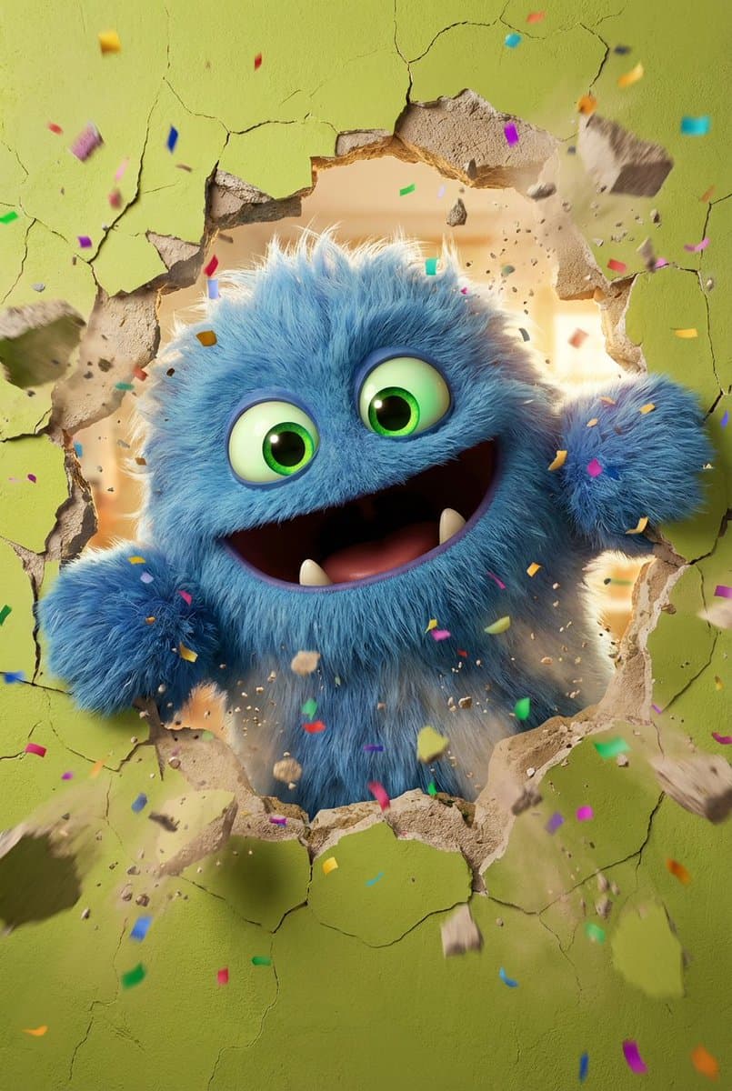 Social-Media-Post - Flauschiges 3D-Monster durchbricht eine Wand