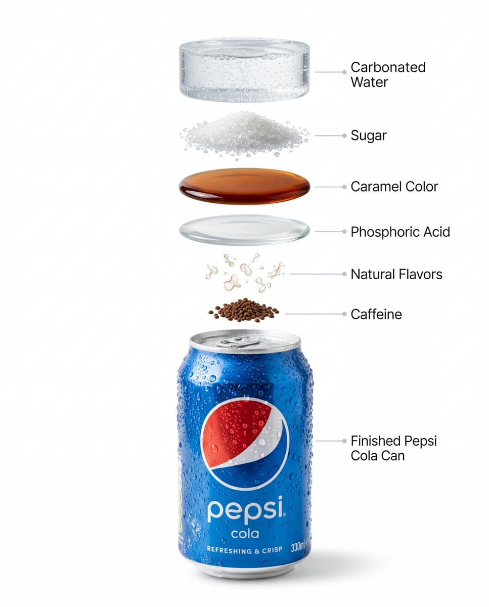 Infografik / Lehrvisual - Hyperrealistische Produktfotografie- und Infografik-Prompts für Pepsi