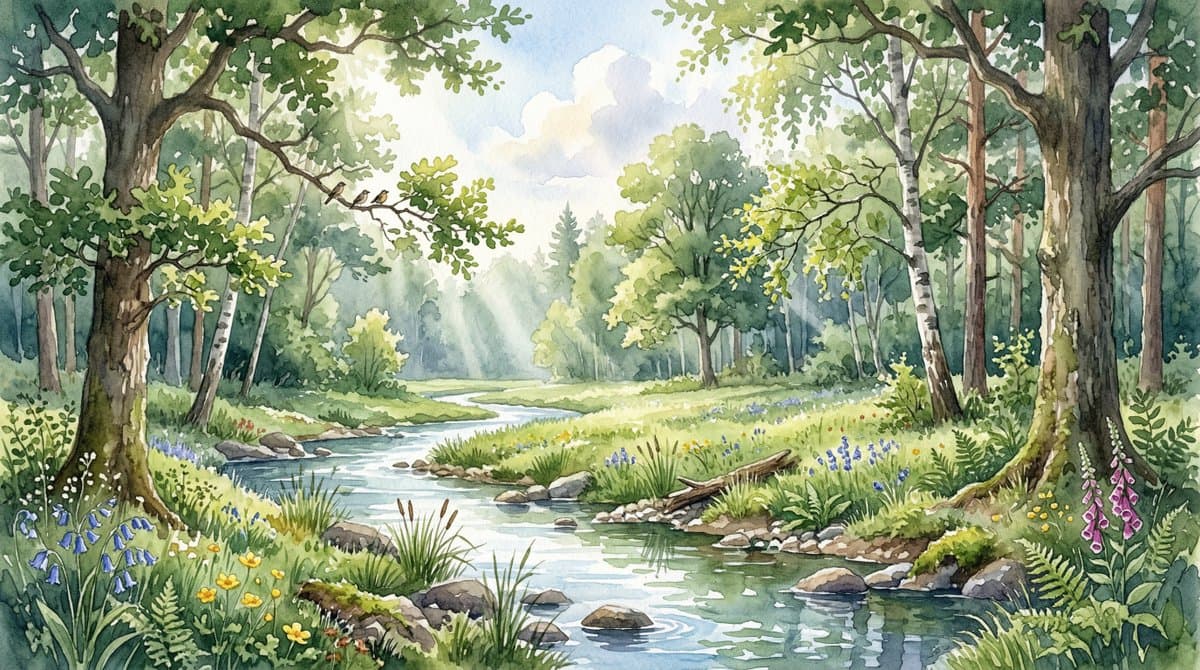 Aquarell-Waldlichtung mit volumetrischer Beleuchtung
