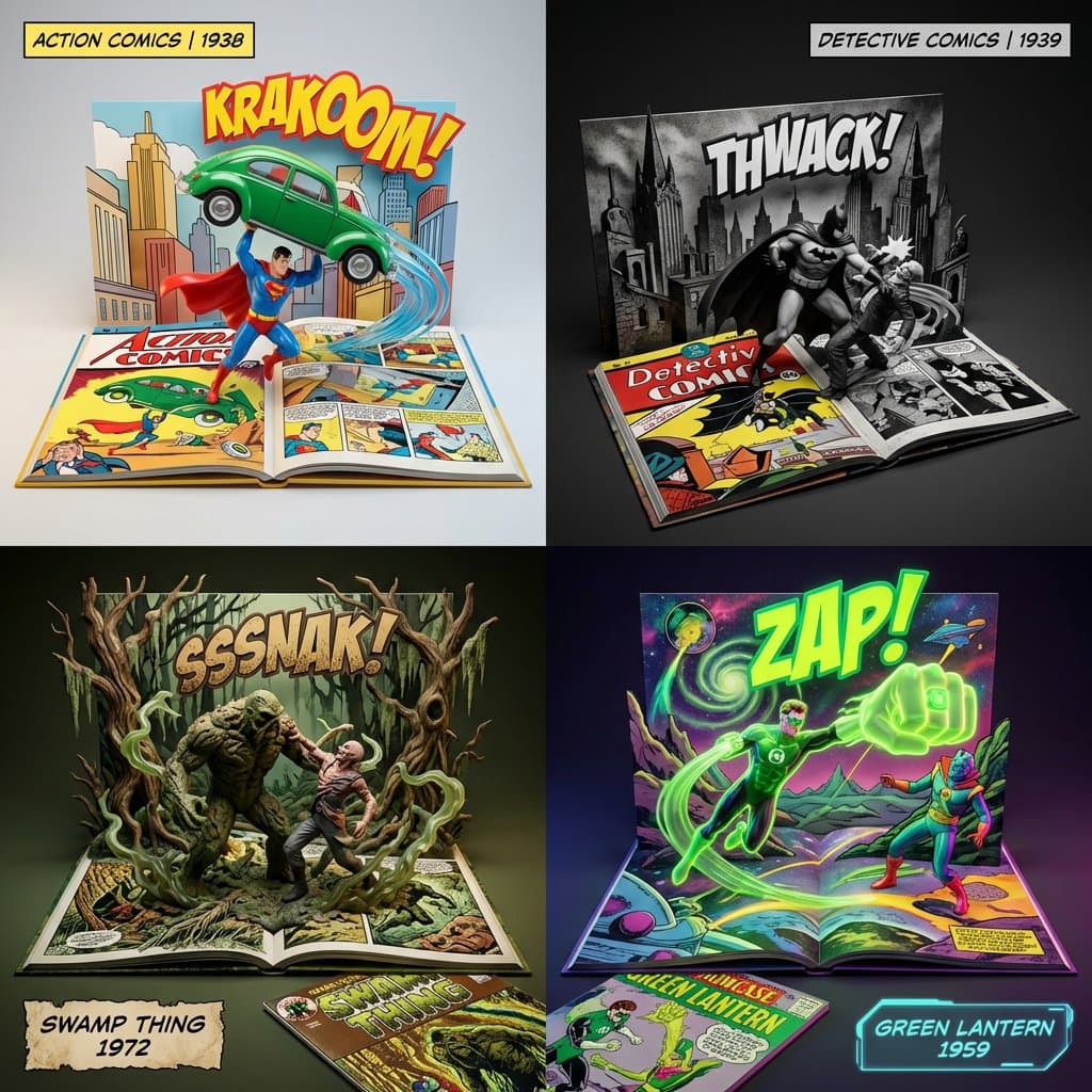 Comic-Diorama mit 3D-Spielzeug und Spezialeffekten