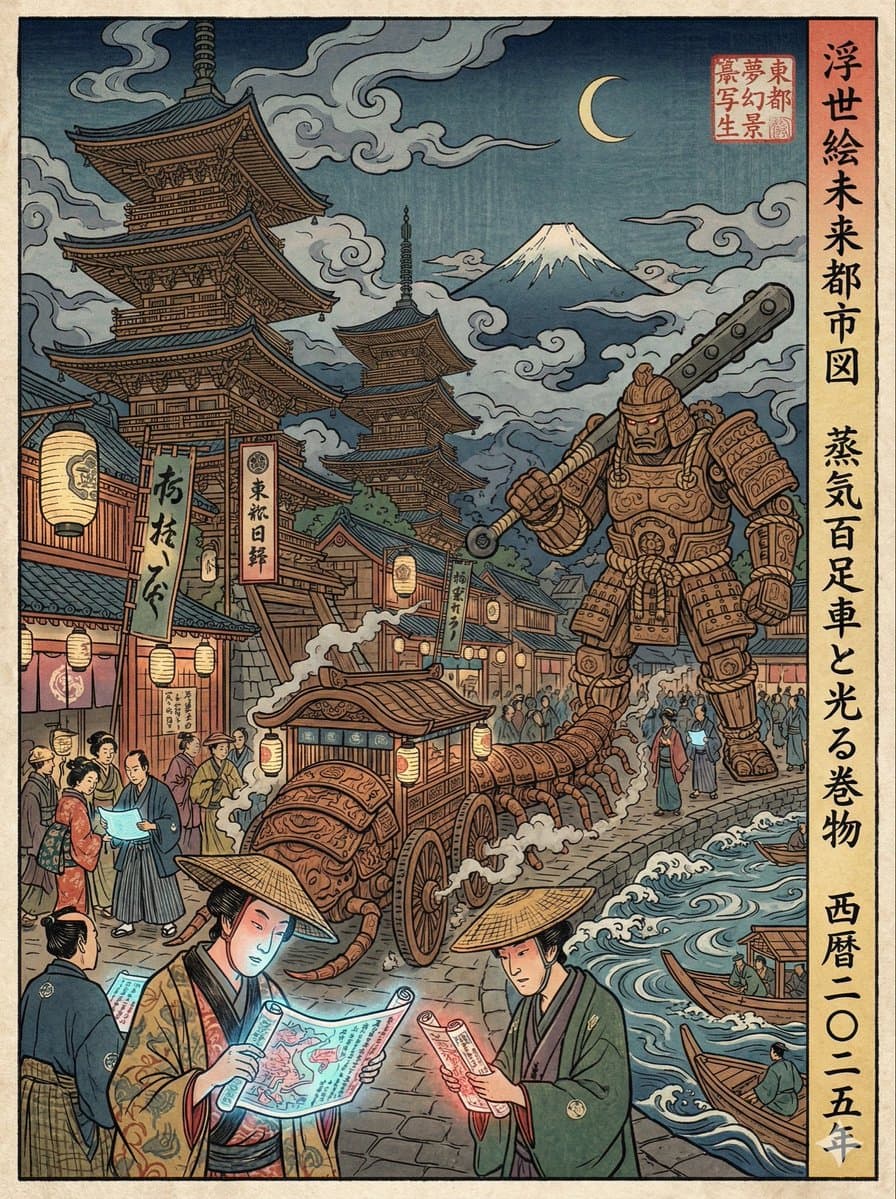Ukiyo-e-Neuinterpretation einer modernen Szene im Edo-Stil