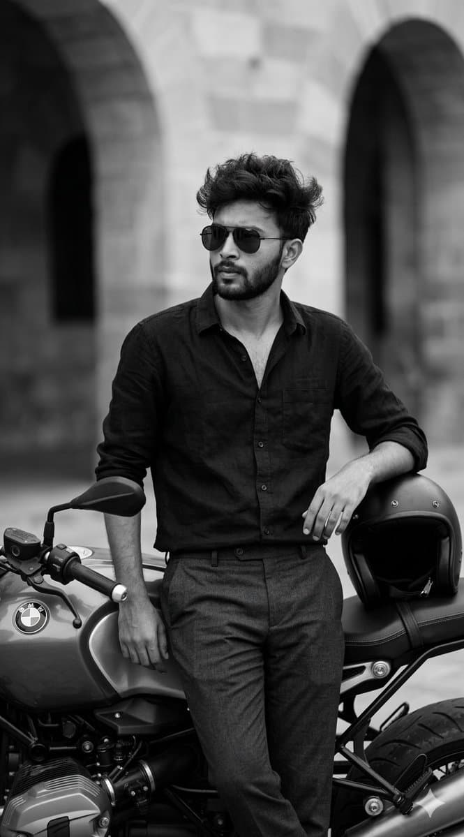Portrait Cinématique Noir et Blanc d'un Homme à Moto