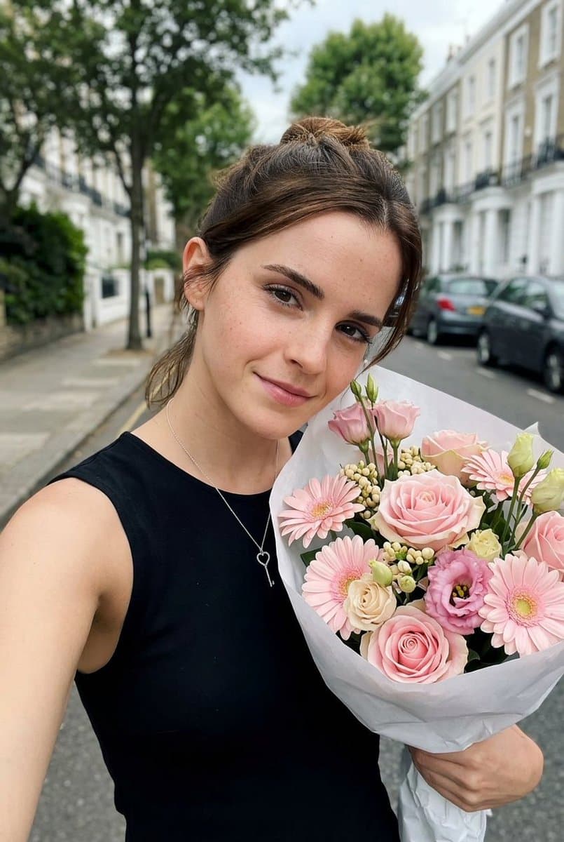 Selfie mit pastellrosa Blumenstrauß in einer europäischen Straße