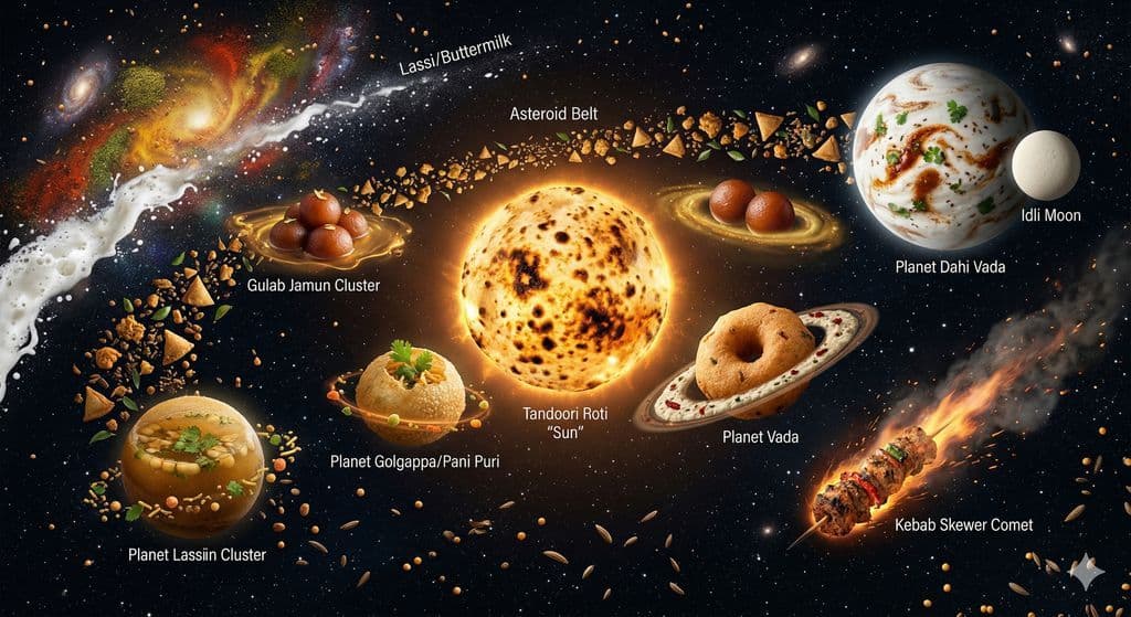 Infografik / Lehrvisual - Die Essensgalaxie: Kosmisches Sonnensystem aus indischem Streetfood