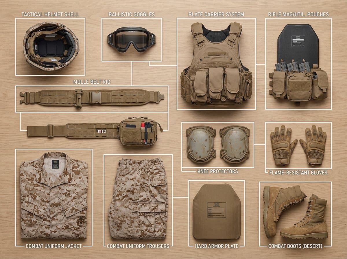 E-Commerce-Hauptbild - Knolling-Stil-Flatlay-Prompt mit beschrifteten Einzelteilen