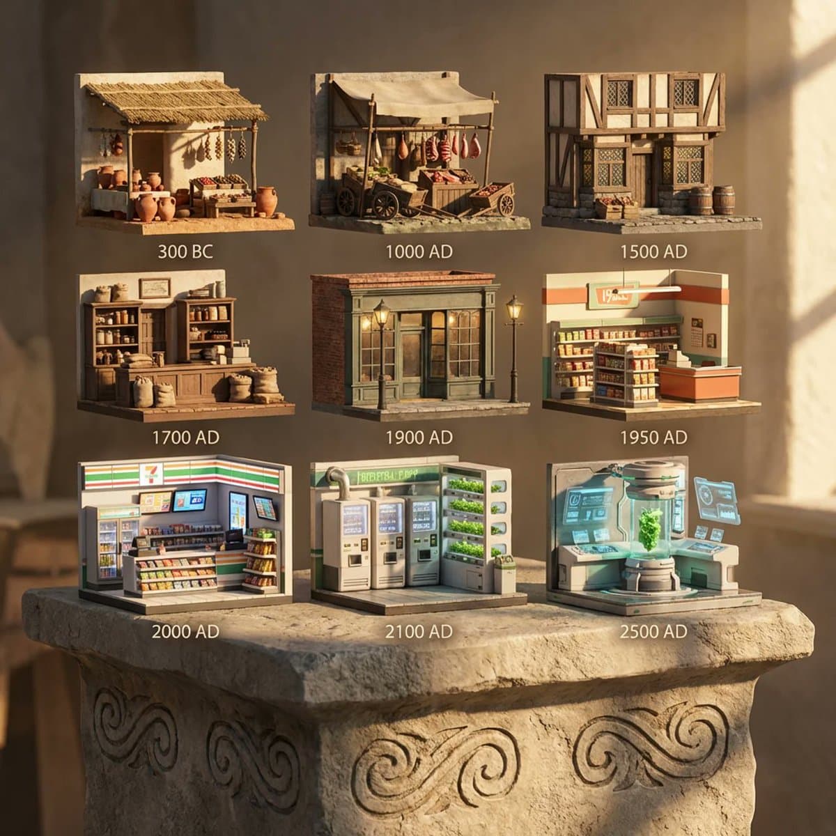 Grocery Stores Through the Ages - 3x3 Grid