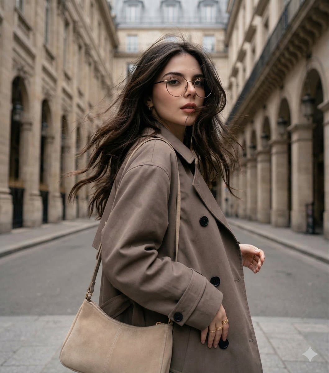 Produktmarketing - Vom Wind zerzauste Frau im Trenchcoat auf europäischer Straße
