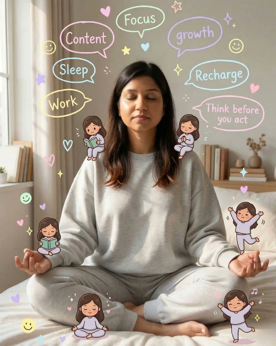 Meditierende Frau mit Chibi-Alter-Egos und Pastell-Doodles