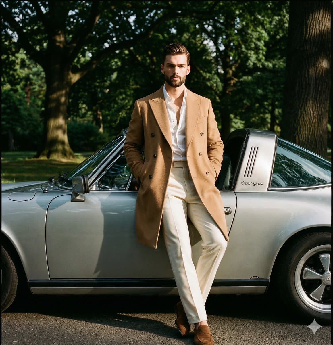 Mann im Kamelhaarmantel mit klassischem Porsche Targa