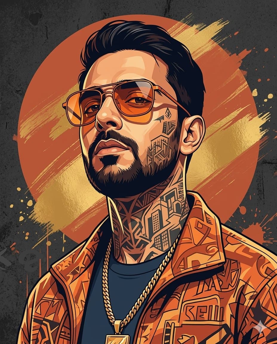 Städtisches Porträt in orangefarbener Streetwear mit Tattoos