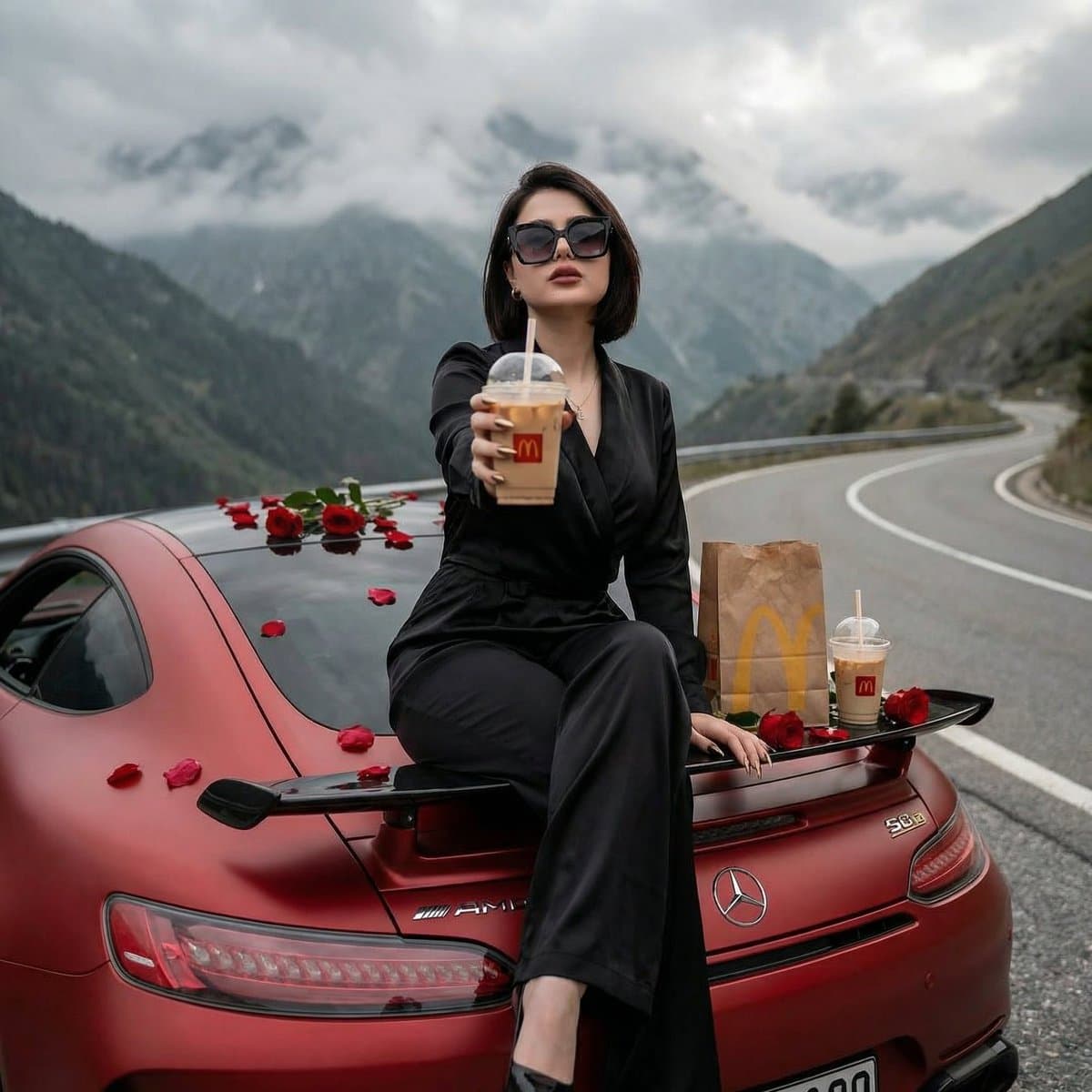 Frau im Sportwagen mit McDonald's und Rosen
